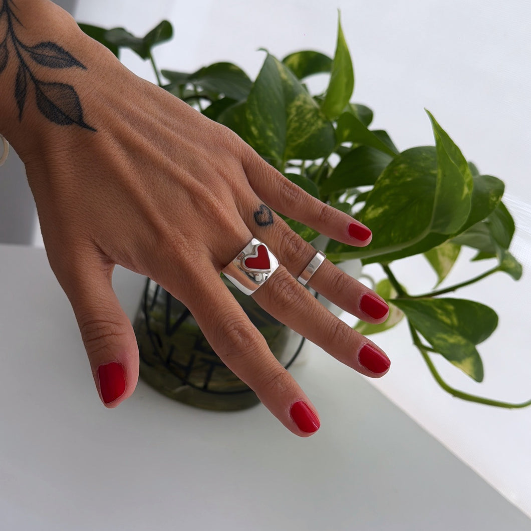 Anillo bombé Corazón Rojo - tamaño regulable - Plata925
